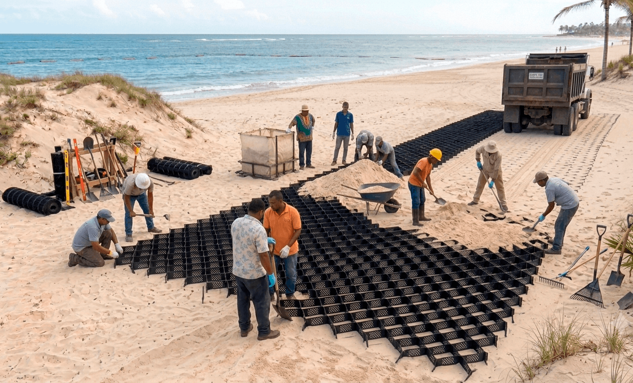 Geoceldas para crear acceso en arena durante la limpieza de sargazo